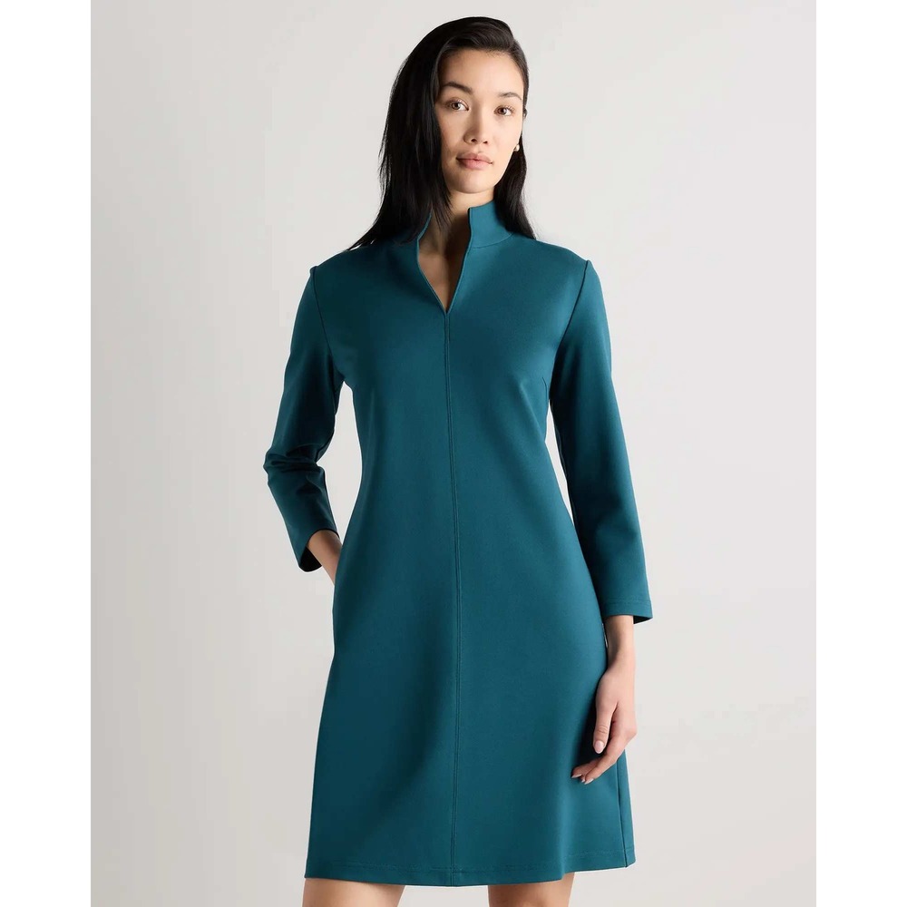 Quince Ultra Stretch Ponte Dress Ocean Green V-Neck 3/4 Sleeve Small NWT